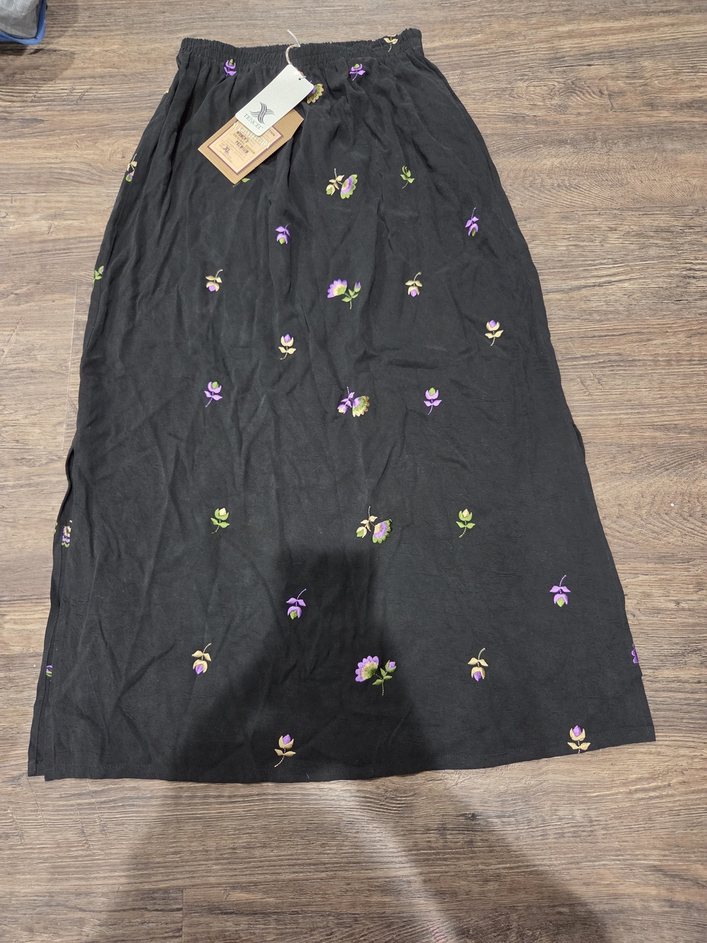 Tencel Black Maxi Skirt with Purple & Green Floral Embroidery Size XL New